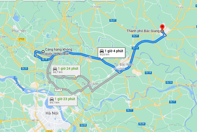 Lộ trình di chuyển từ Nội Bài về Bắc Giang